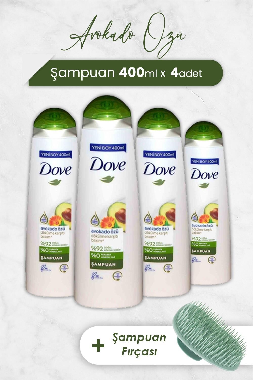Dove Saç Bakım Şampuanı Avokado Özü 400 ml x 4 Adet ve Şampuan Fırçası