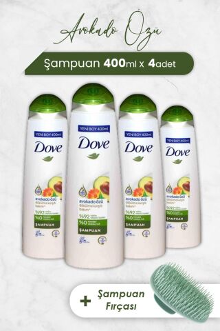 Dove Saç Bakım Şampuanı Avokado Özü 400 ml x 4 Adet ve Şampuan Fırçası