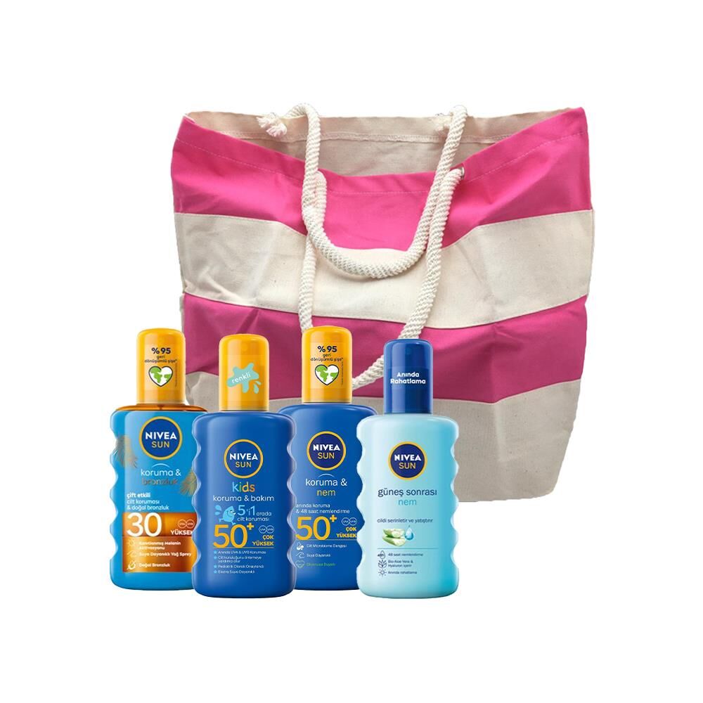 Nivea Sun Nemlendirici Güneş Spreyi, Çocuk Güneş Spreyi, Koruma ve Bronzluk Güneş Yağı ve Güneş Sonrası Nemlendirici, Fa Plaj Çantası Hediyeli