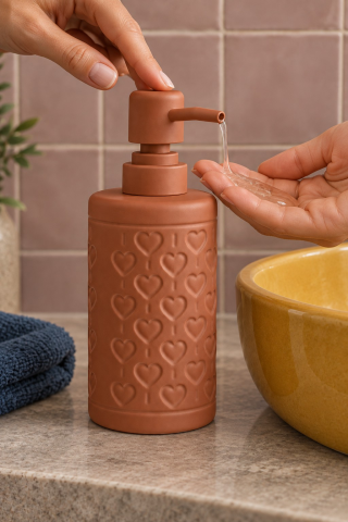 ROSIE Kiremit Kabartma Kalp Desenli Yuvarlak Seramik Sıvı Sabunluk 350 ml