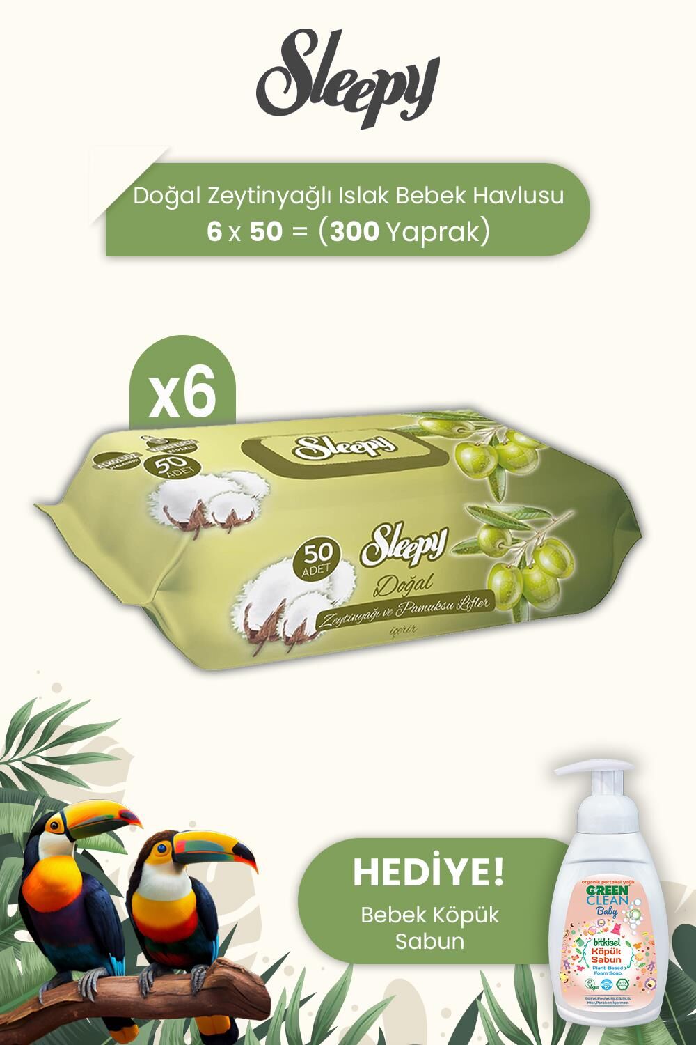 Sleepy Doğal Zeytinyağlı Ve Pamuklu Islak Bebek Havlusu 50 Yaprak x 6 Adet ve Baby Köpük Sabun
