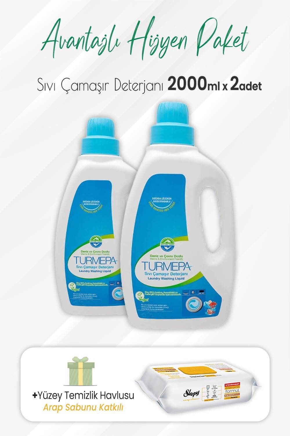Turmepa Sıvı Çamaşır Deterjanı 2 lt x 2 Adet ve Arap Sabunlu Yüzey Temizlik 100' lü
