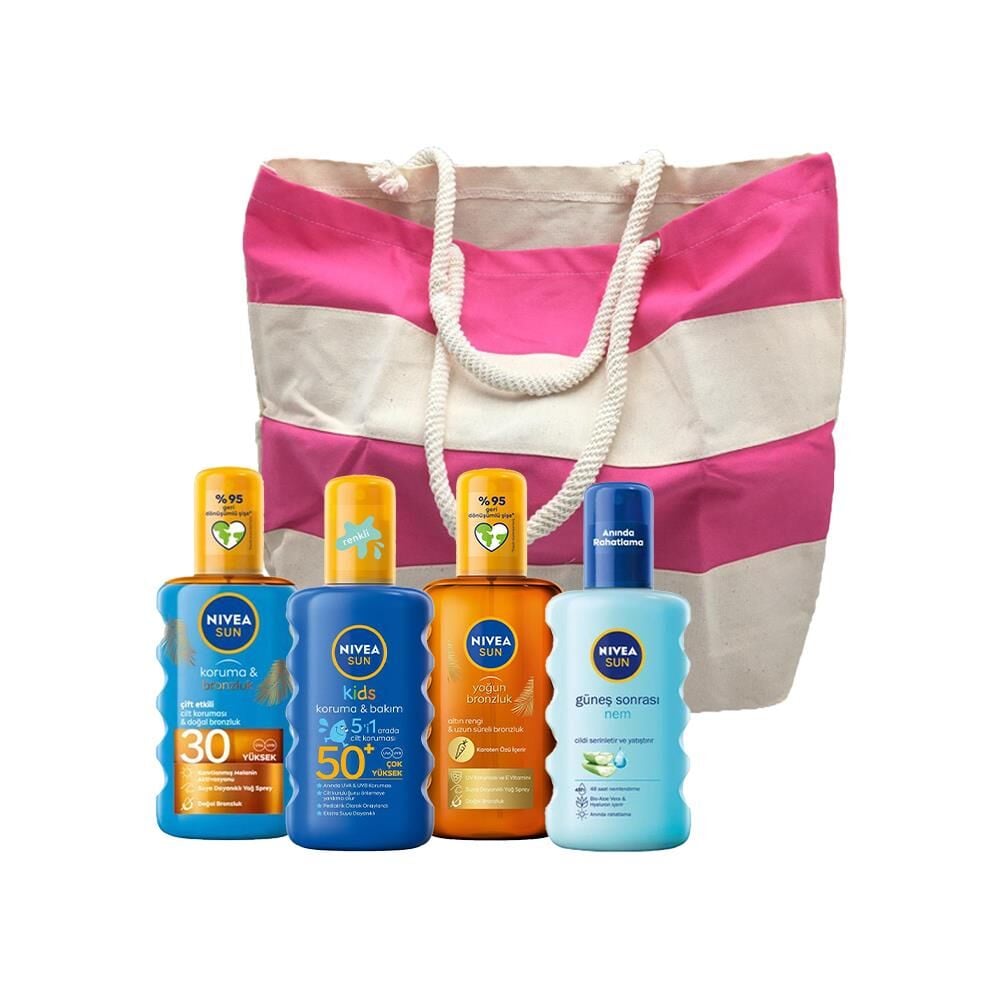 Nivea Sun Karoten Güneş Yağ Spreyi, Çocuk Güneş Spreyi, Koruma ve Bronzluk Güneş Yağı ve Güneş Sonrası Nemlendirici, Fa Plaj Çantası Hediyeli