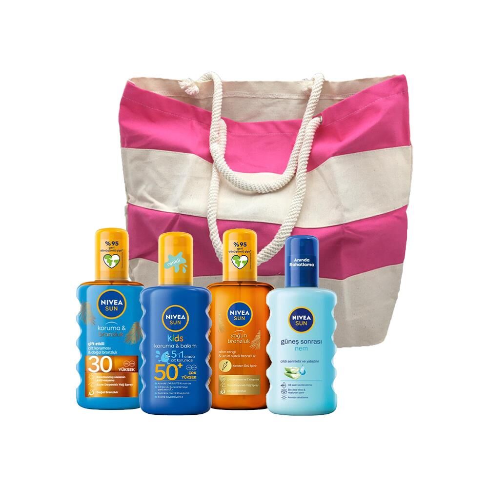 Nivea Sun Karoten Güneş Yağ Spreyi, Çocuk Güneş Spreyi, Koruma ve Bronzluk Güneş Yağı ve Güneş Sonrası Nemlendirici, Fa Plaj Çantası Hediyeli