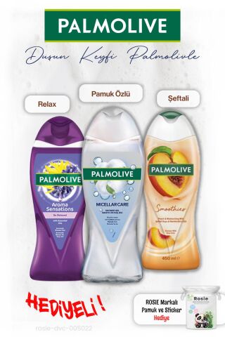 Palmolive 3'lü Duş Jeli Relax 500 ml, Pamuk Özlü 500 ml, Şefali 450 ml, ROSIE hediye