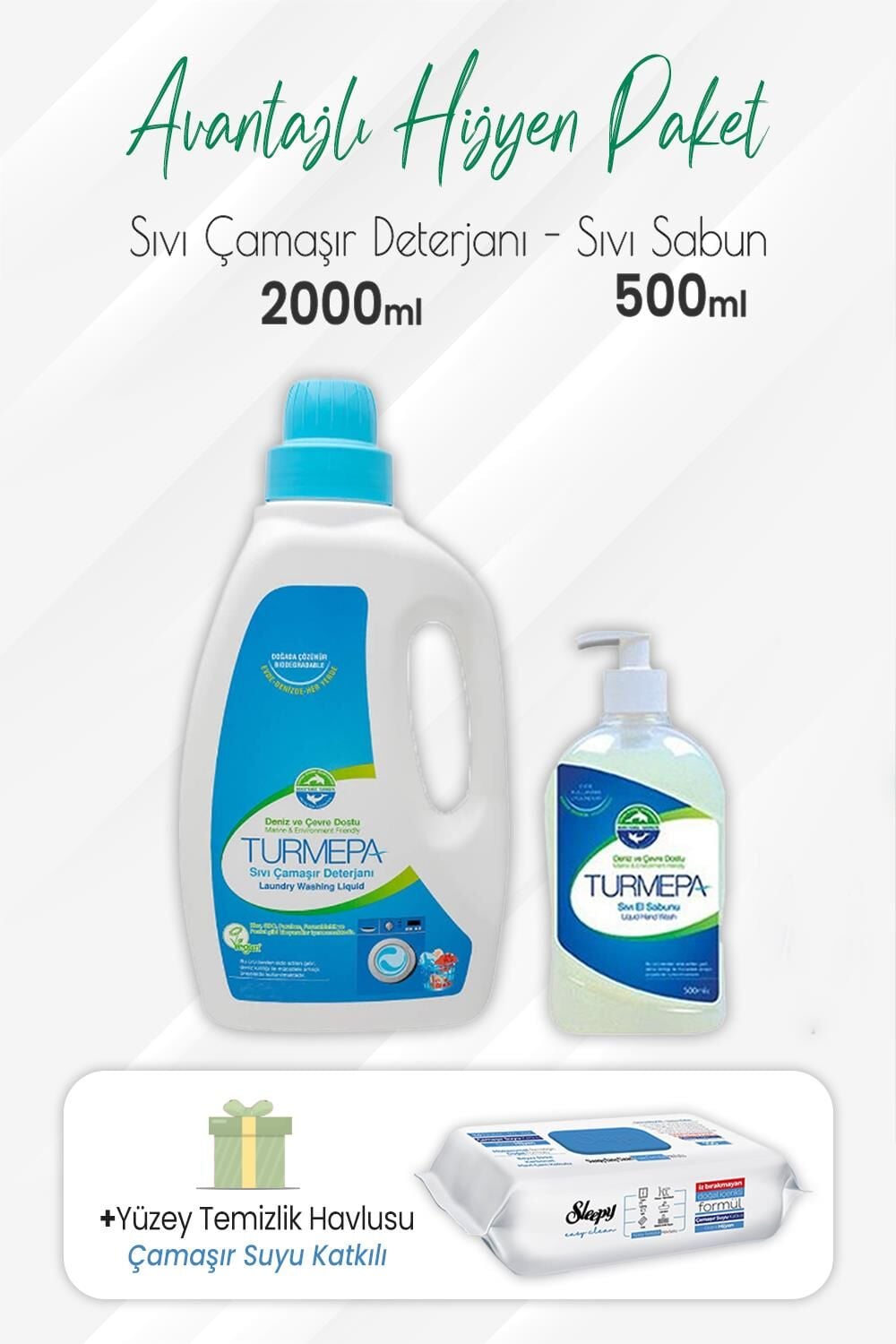 Turmepa Sıvı Çamaşır Deterjanı 2 lt, Sıvı Sabun 500 ml ve Çamaşır Sulu Havlu 100'lü