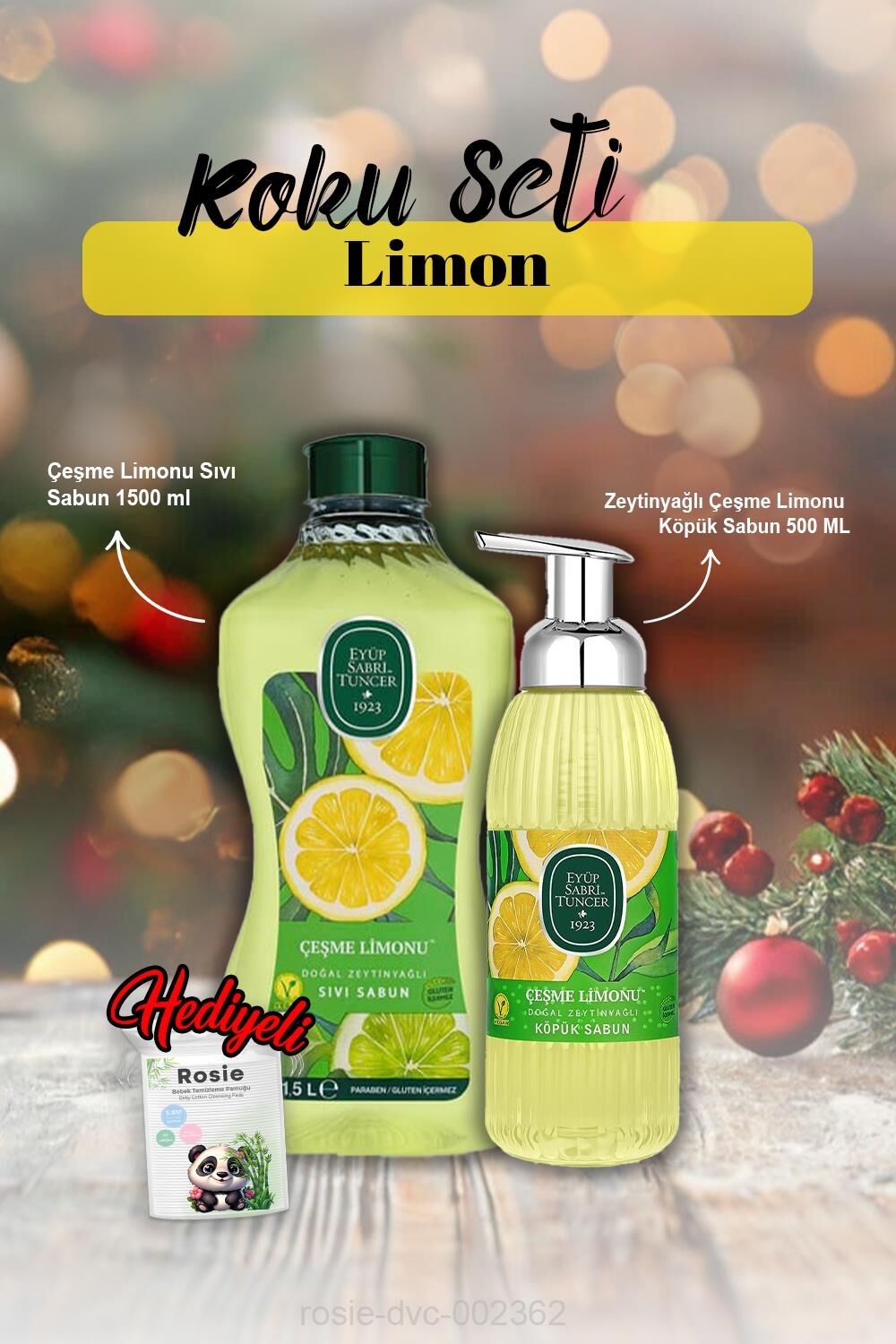 Çeşme Limonu Köpük Sabun 500 ml, Sıvı Sabun 1500 ml ve Rosie Hediye
