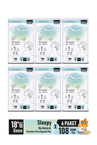 Sleepy Bio Natural Premium Plus Hijyenik Ped 18'li Gece X 6 Paket