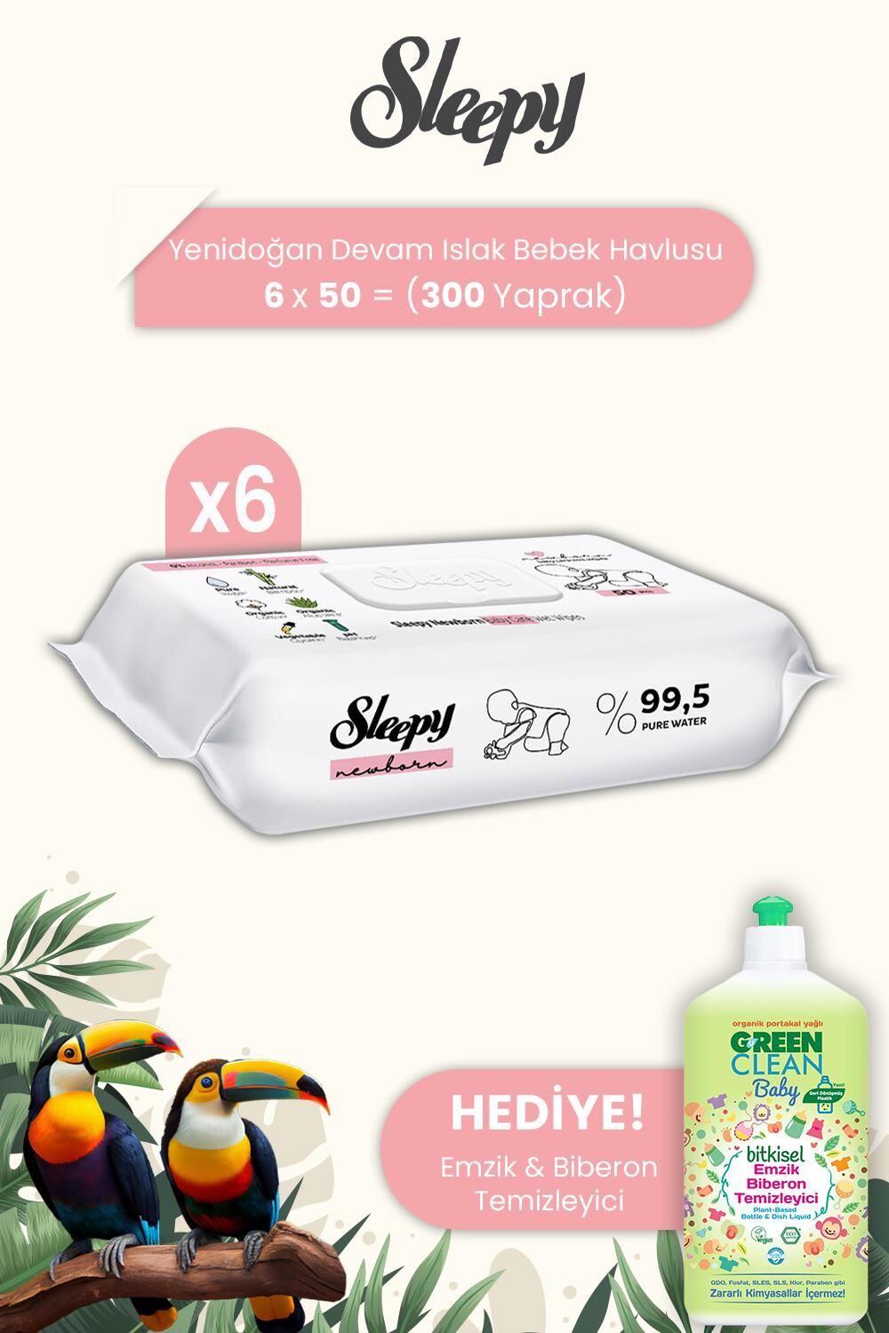 Sleepy Yenidoğan Devam Islak Bebek Bakım Havlusu 50'li x 6 Adet ve Biberon Temizleyici
