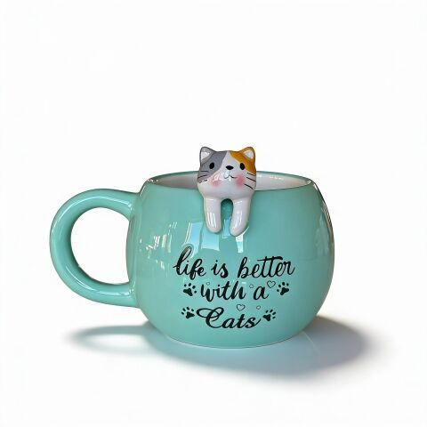 Turkuaz 3D Kedi Figürlü Kupa 420 ml