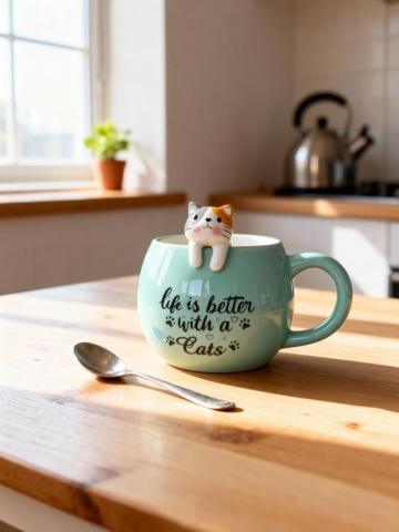 Turkuaz 3D Kedi Figürlü Kupa 420 ml