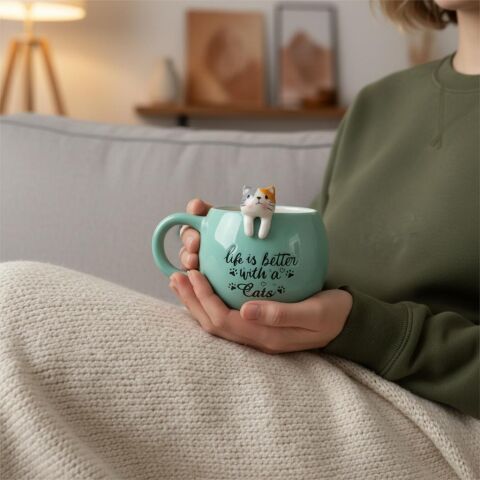 Turkuaz 3D Kedi Figürlü Kupa 420 ml