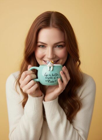 Turkuaz 3D Kedi Figürlü Kupa 420 ml