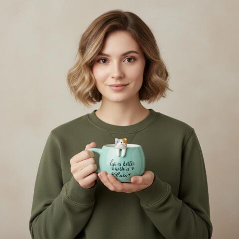 Turkuaz 3D Kedi Figürlü Kupa 420 ml