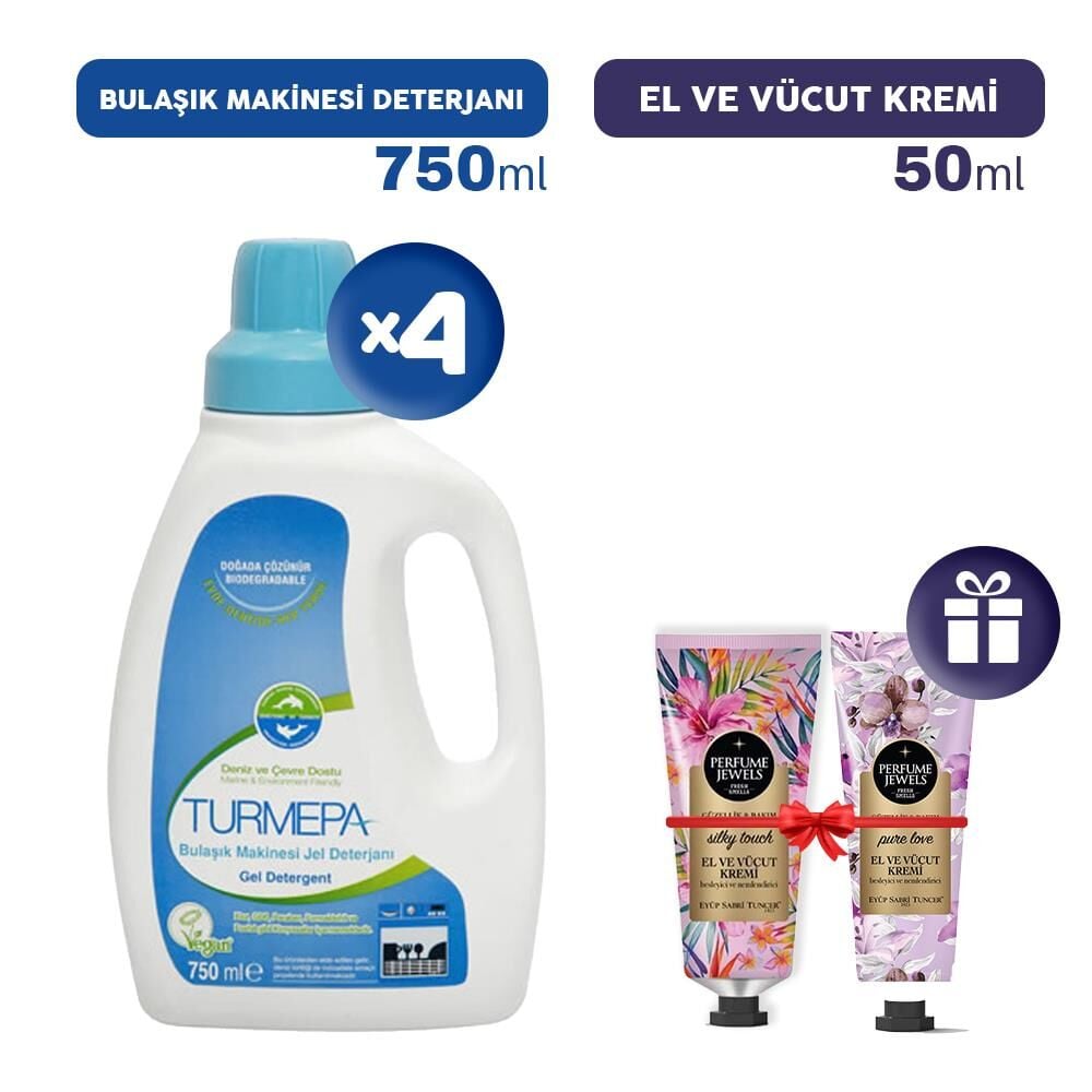 Turmepa Bulaşık Makinesi Deterjanı 750 ml x 4, El Kremleri Hediye