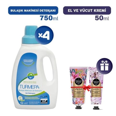 Turmepa Bulaşık Makinesi Deterjanı 750 ml x 4, El Kremleri Hediye