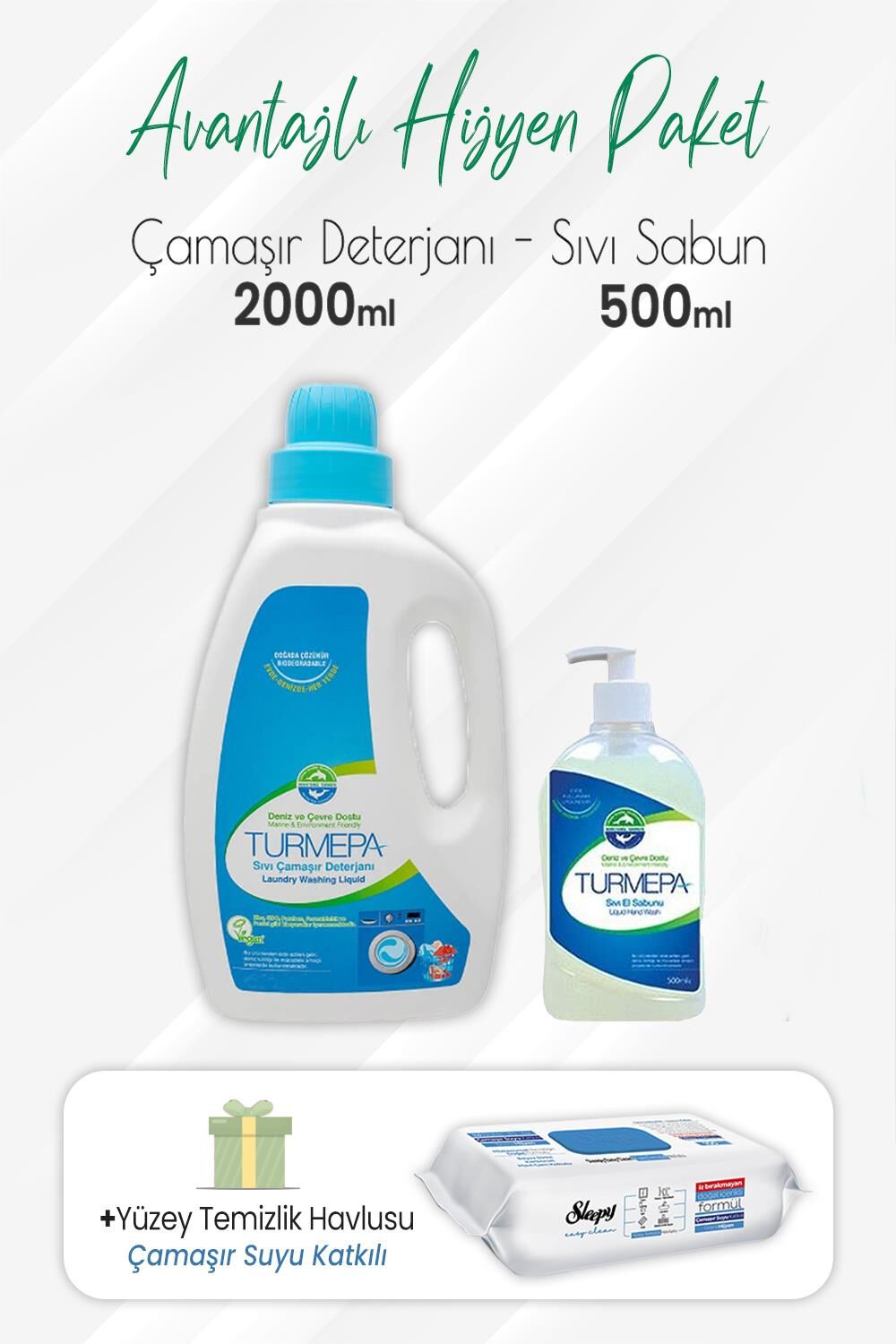 Turmepa Sıvı Sabun 500 ml, Çamaşır Deterjanı 2 lt ve Çamaşır Sulu Yüzey Temizlik 100'lü