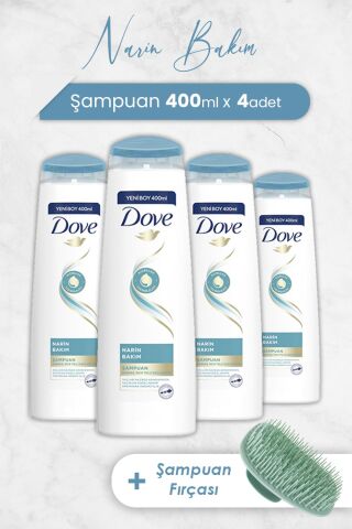 Dove Saç Bakım Şampuanı Narin Bakım 400 ml x 4 Adet ve Şampuan Fırçası
