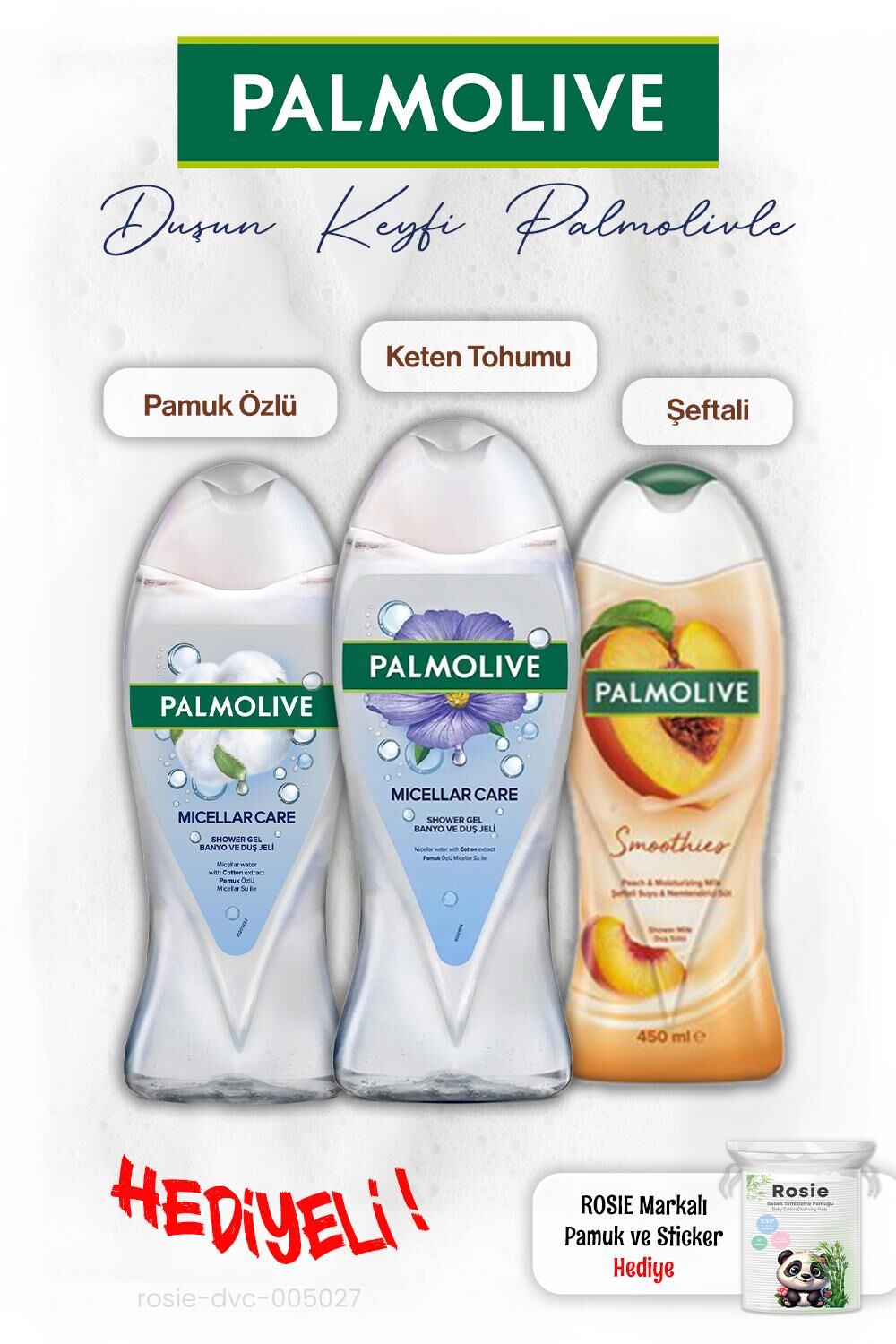 Palmolive 3'lü Duş Keten Tohumu ve Pamuk Özü 500 ml, Şeftali 450 ml, ROSIE hediye