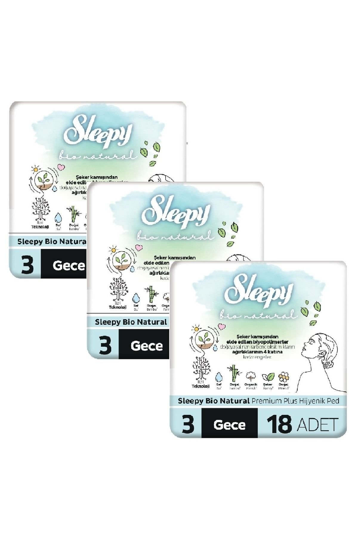 Sleepy Bio Natural Premium Plus Hijyenik Ped Gece 18 Adet x 3 Adet