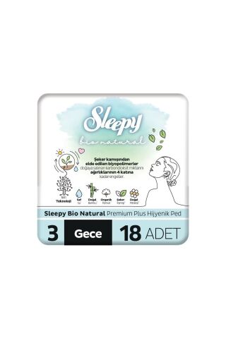 Sleepy Bio Natural Premium Plus Hijyenik Ped Gece 18 Adet x 3 Adet