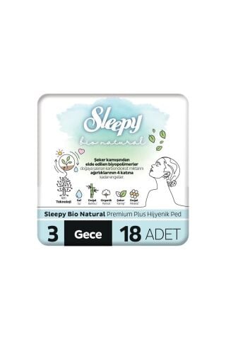 Sleepy Bio Natural Premium Plus Hijyenik Ped Gece 18 Adet x 3 Adet