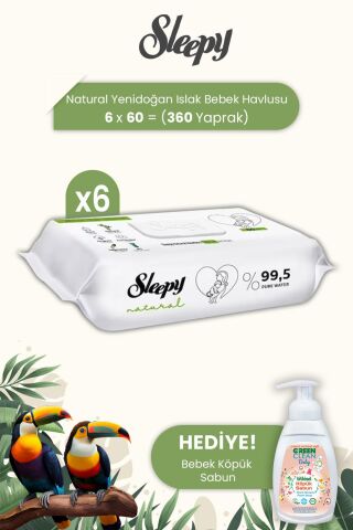 Sleepy Natural Yenidoğan Islak Bebek Havlusu 60'lı x 6 Adet ve Baby Köpük Sabun