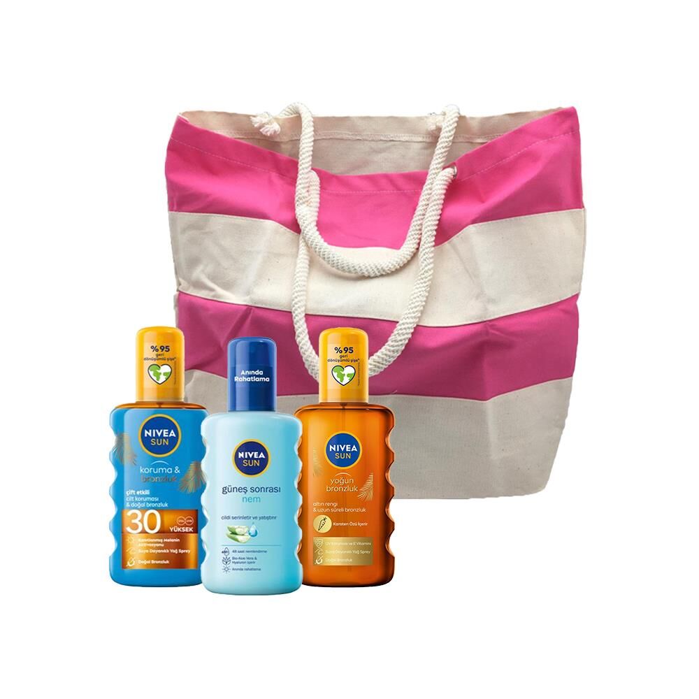Nivea Sun Koruma ve Bronzluk Güneş Yağı, Güneş Sonrası Nemlendirici ve Güneş Yağ Spreyi, Fa Plaj Çantası Hediyeli