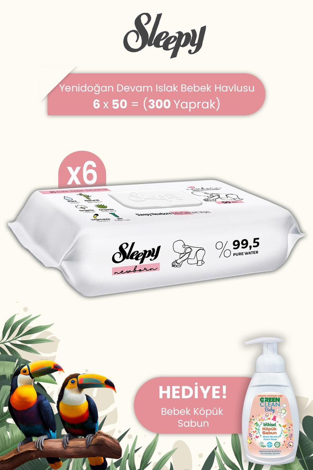 Sleepy Yenidoğan Devam Islak Bebek Bakım Havlusu 50'li x 6 Adet ve Baby Köpük Sabun