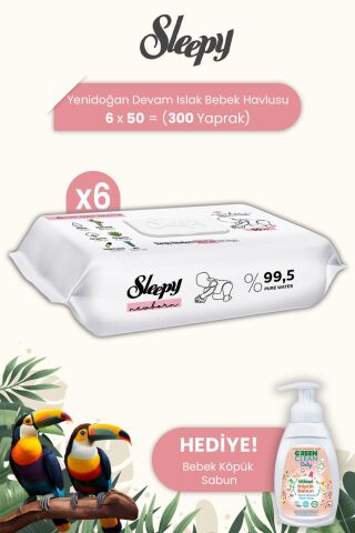 Sleepy Yenidoğan Devam Islak Bebek Bakım Havlusu 50'li x 6 Adet ve Baby Köpük Sabun