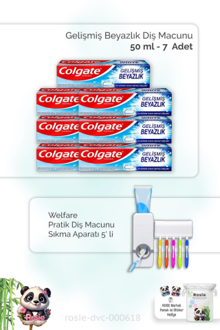 7 ADET Colgate Diş Macunu Gelişmiş Beyazlık 50 ml, Diş Macunu Sıkma Aparatı ve ROSIE