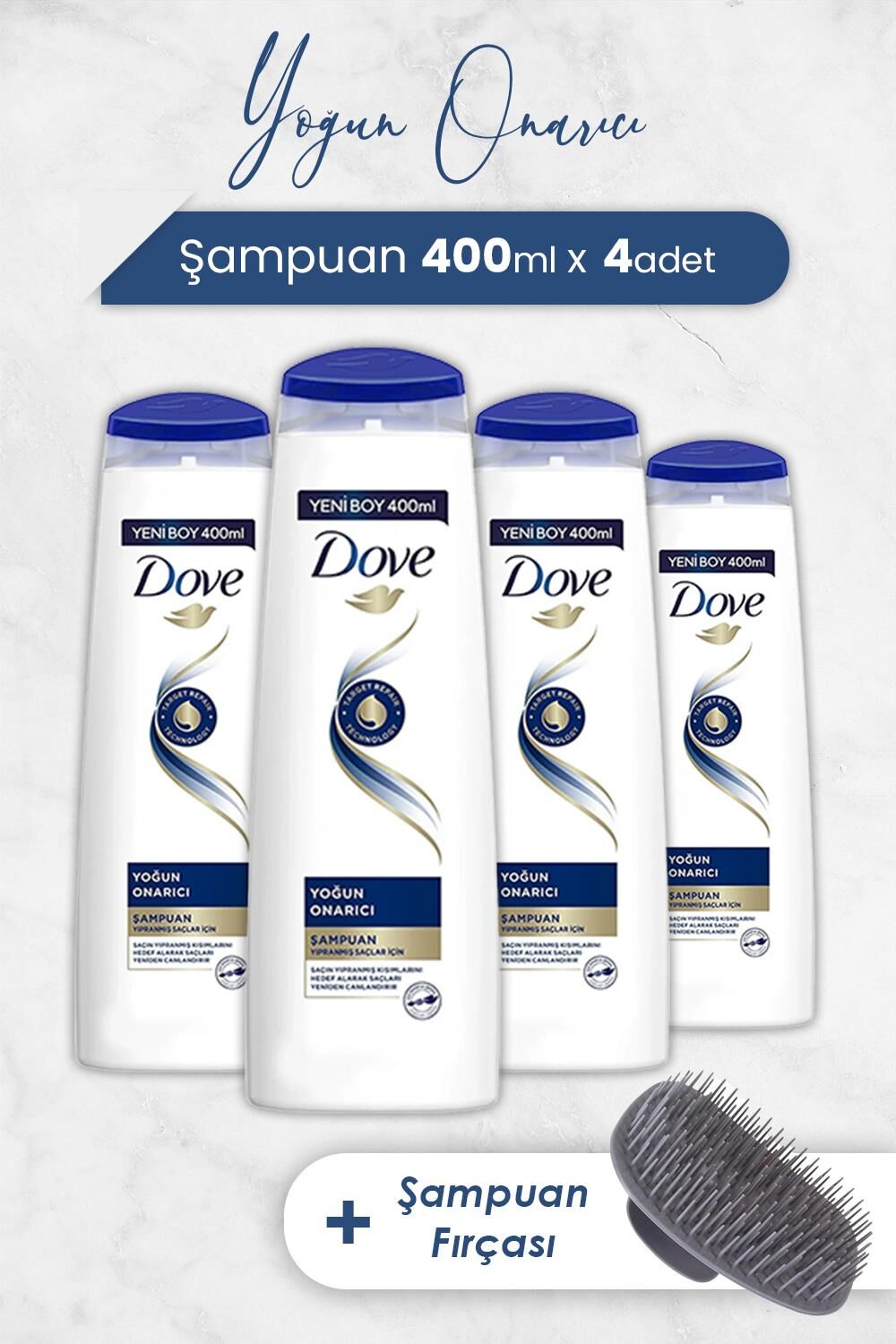 Dove Yoğun Onarıcı Şampuan 400 ml x 4 Adet ve Şampuan Fırçası