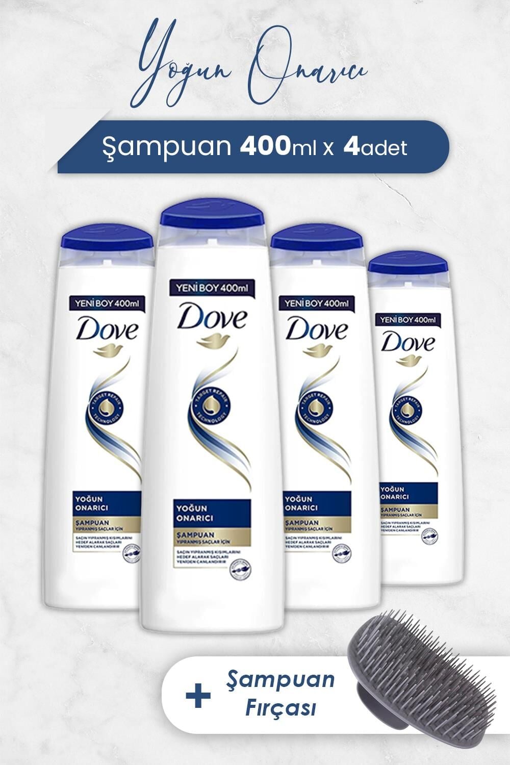 Dove Yoğun Onarıcı Şampuan 400 ml x 4 Adet ve Şampuan Fırçası