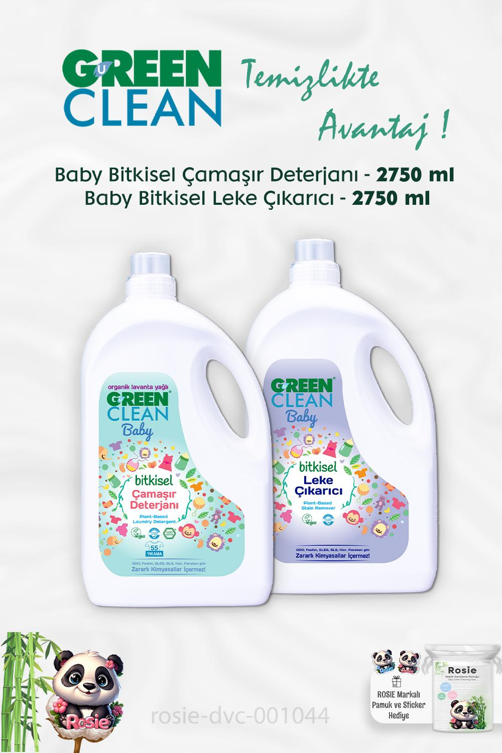 Green Clean Baby Çamaşır Deterjanı 2750 ml, Baby Leke Çıkarıcı 2750 ml ve ROSIE
