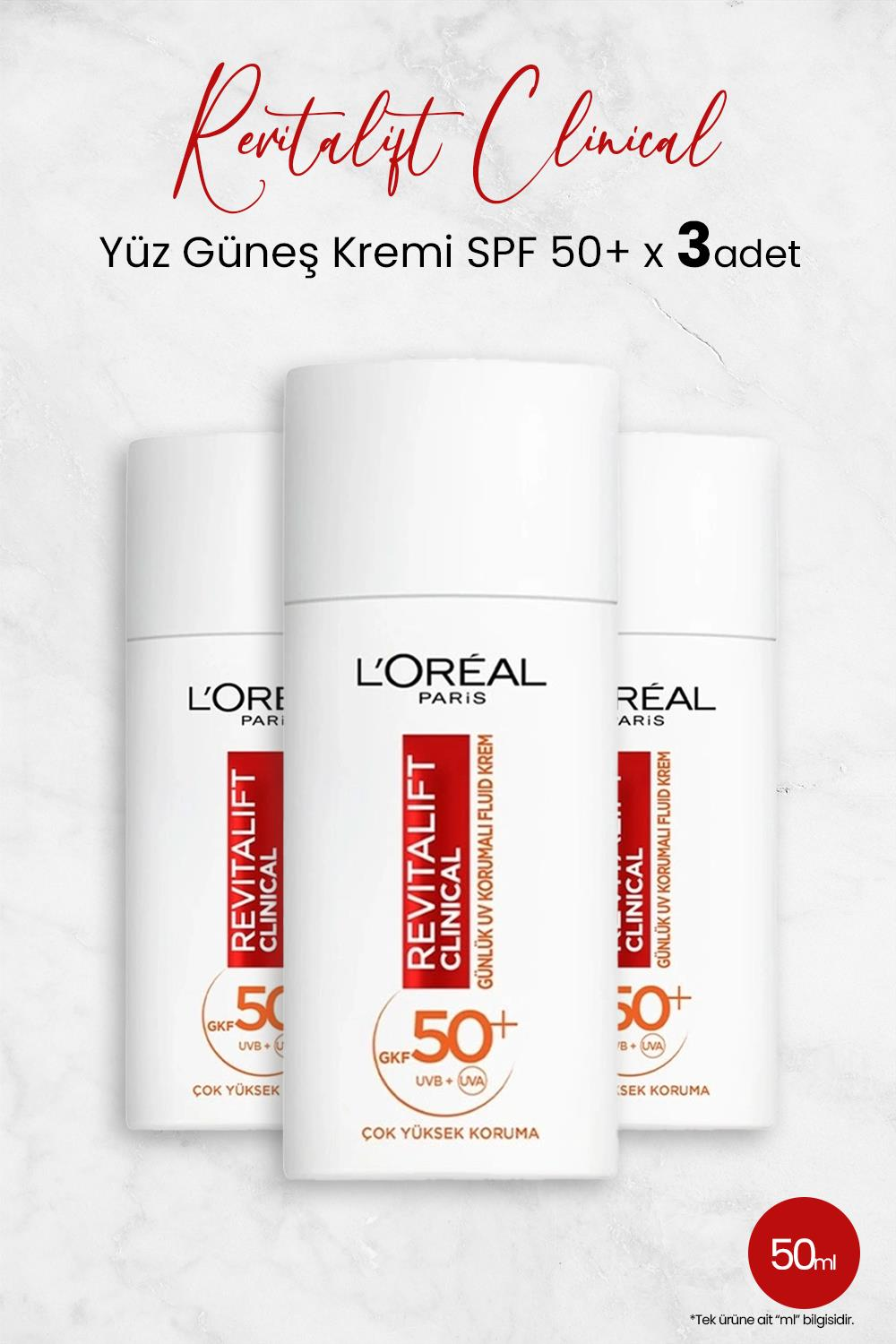 Loreal Paris Revitalift Clinical SPF 50+ Yüz Güneş Kremi 50 ml x 3 Adet