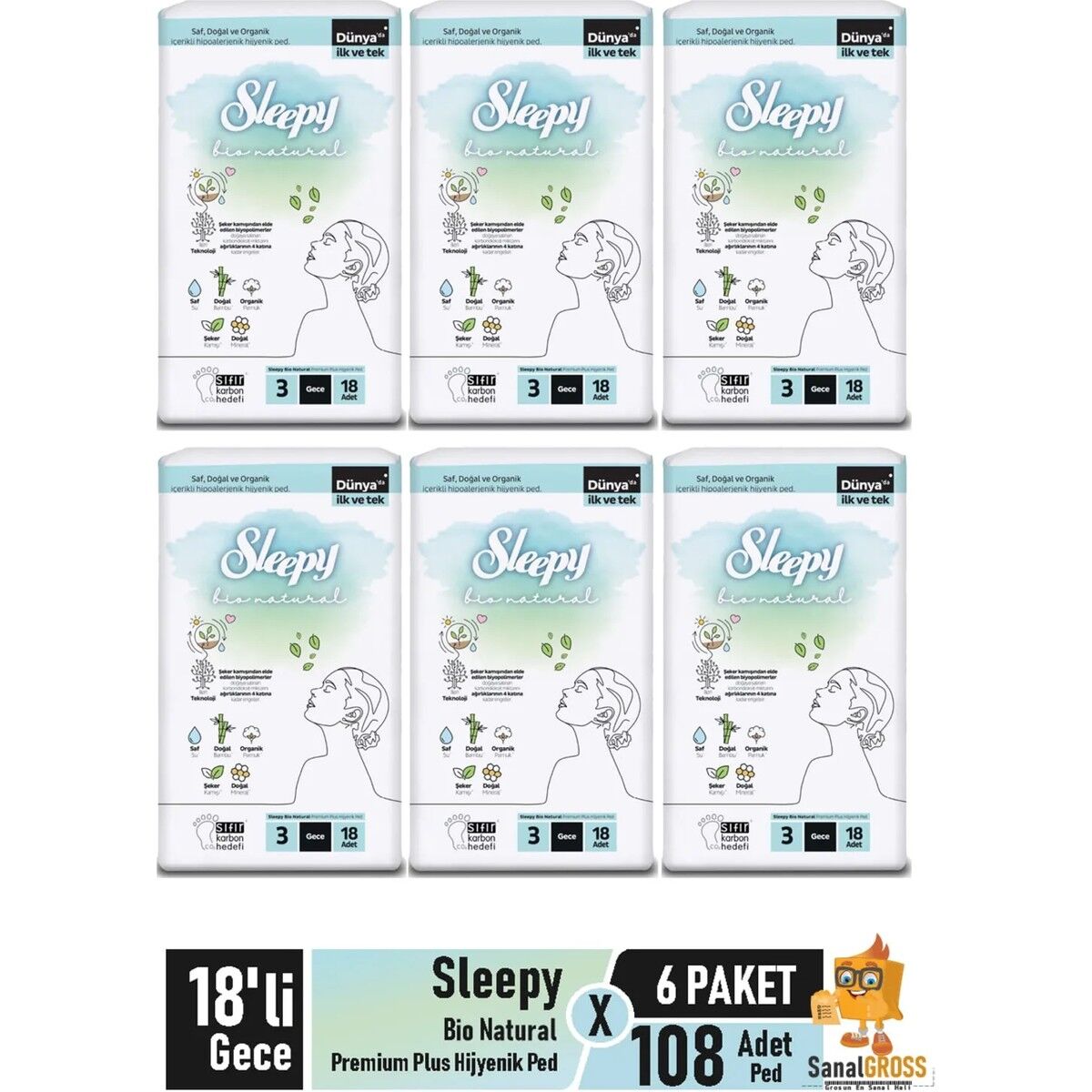 Sleepy Bio Natural Premium Plus Hijyenik Ped 18'li Gece x 6 Paket