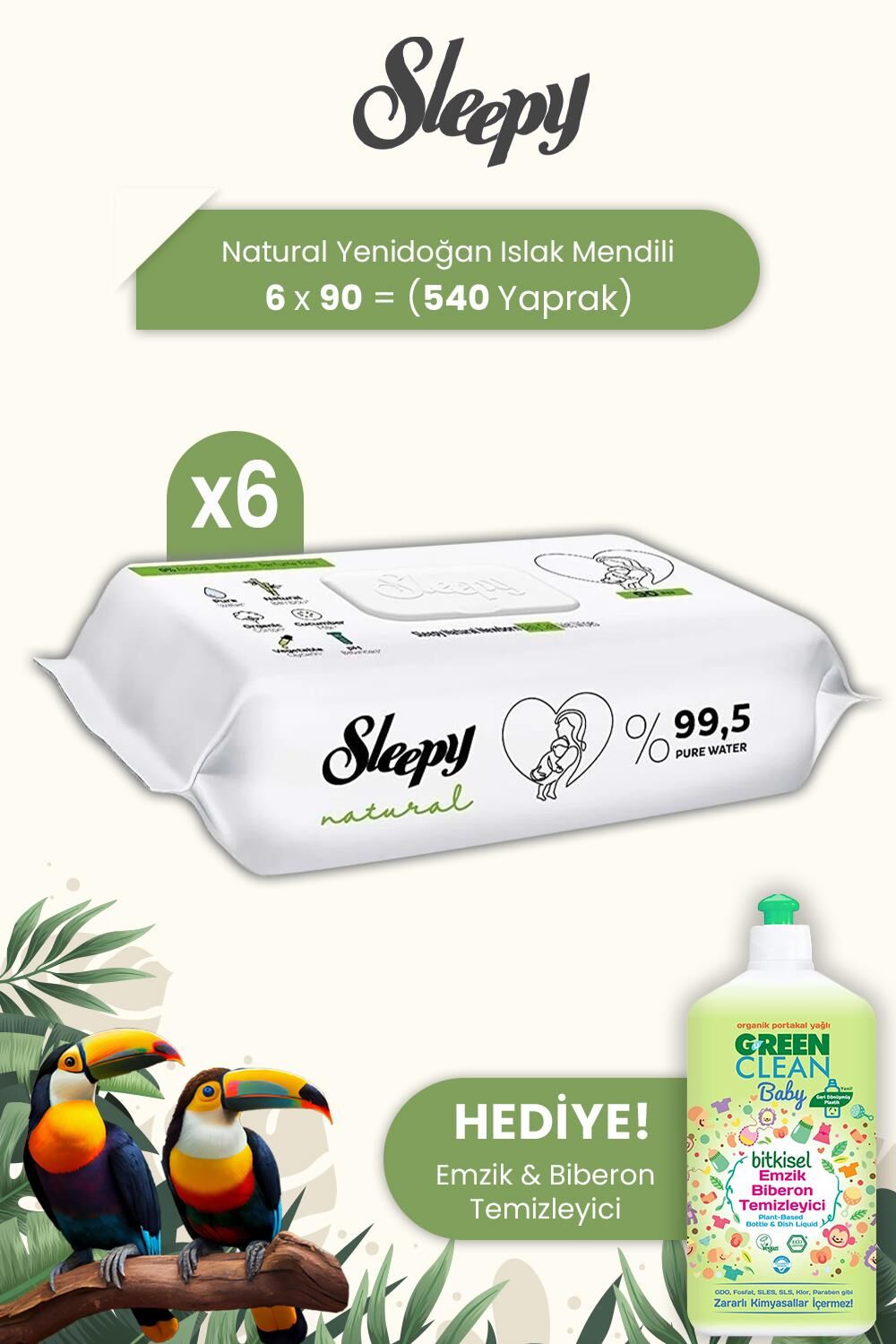 Sleepy Natural Yenidoğan Islak Mendili 90 Adet x 6 Adet ve Biberon Temizleyici