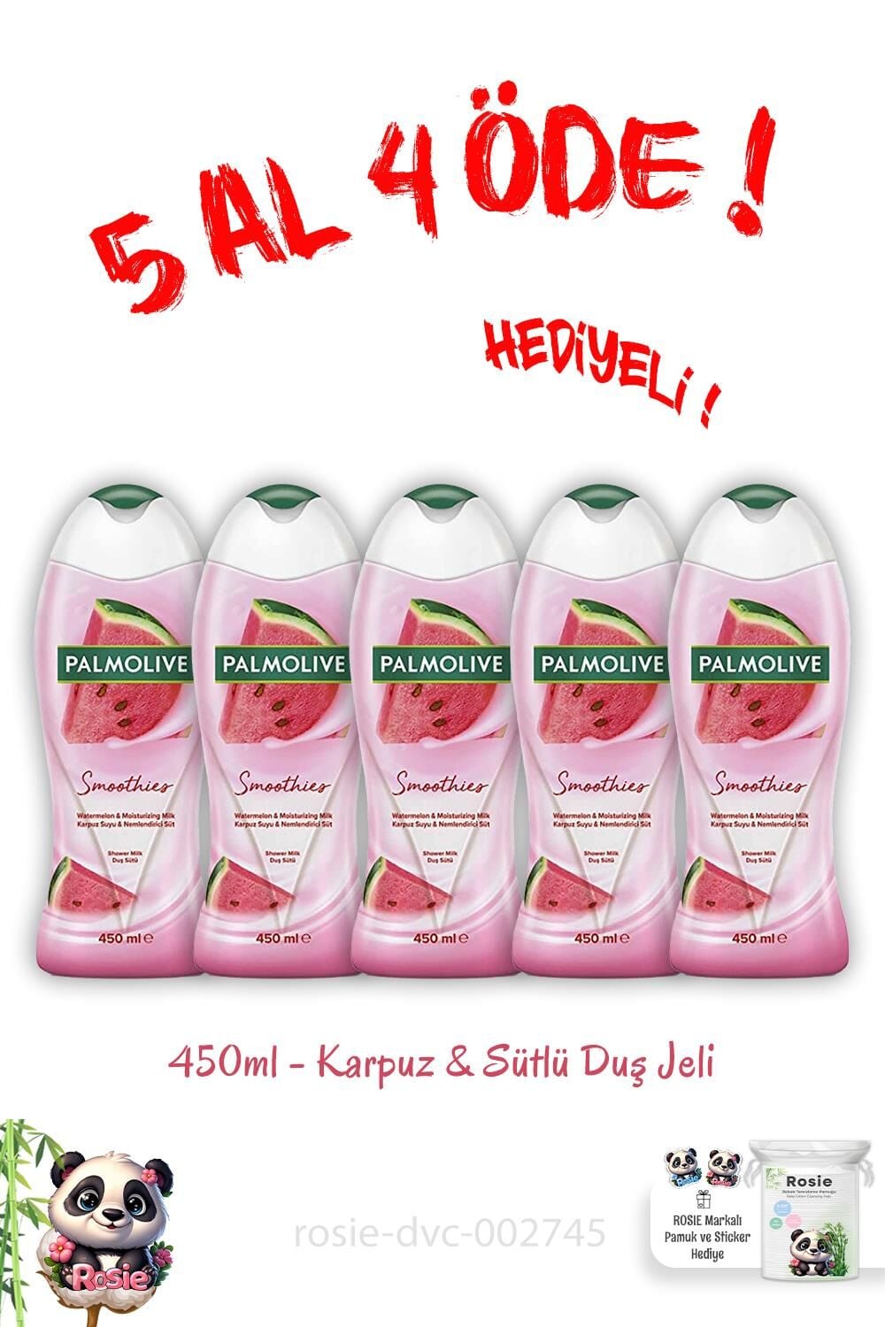 Palmolive 450 Ml Duş Jeli Karpuz Ve Sütlü 5 AL 4 ÖDE ve Rosie Pamuk Hediye