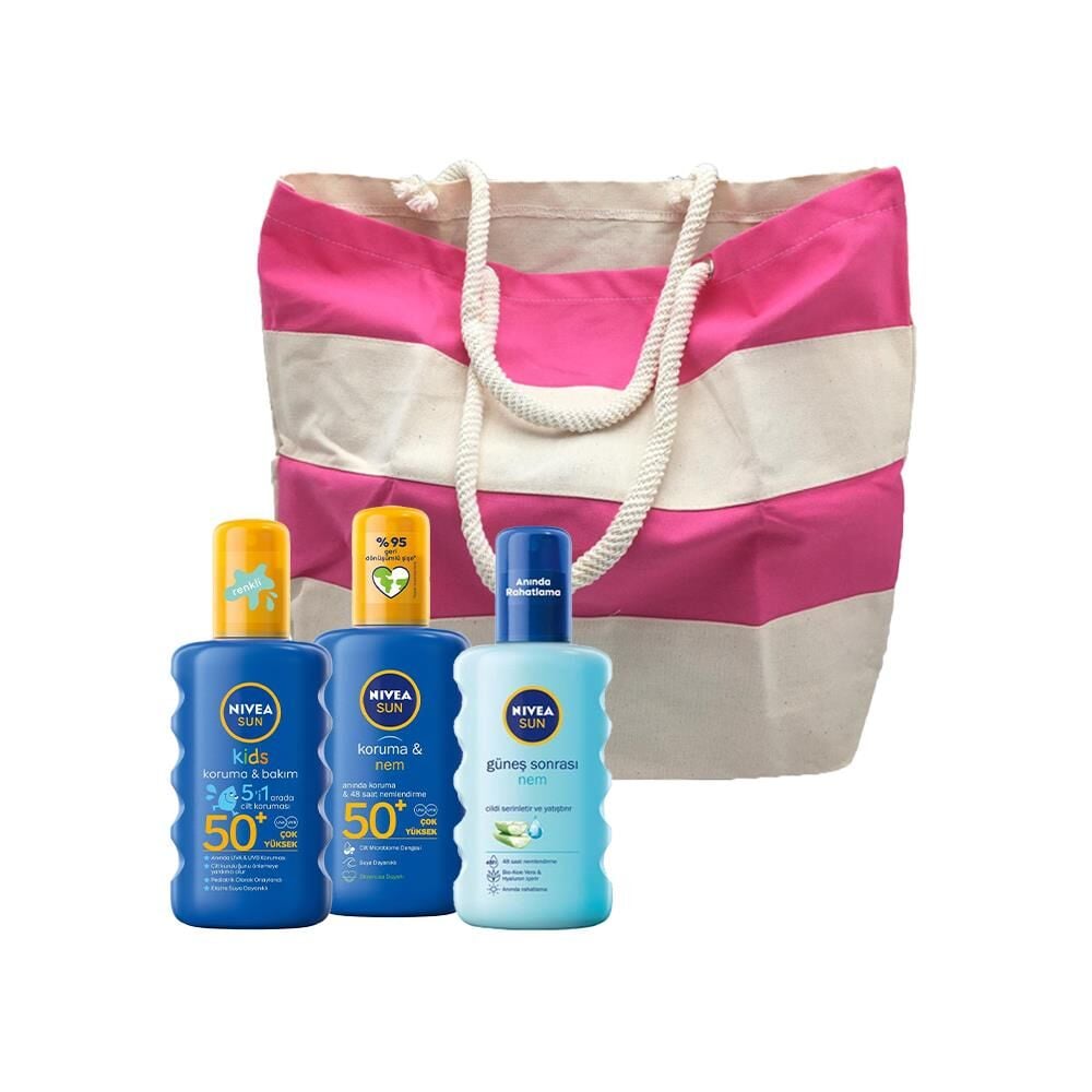Nivea Sun Koruma&Nem Nemlendirici Güneş Spreyi, Çocuk Nemlendirici Güneş Spreyi ve Güneş Sonrası Nemlendirici, Fa Plaj Çantası Hediyeli