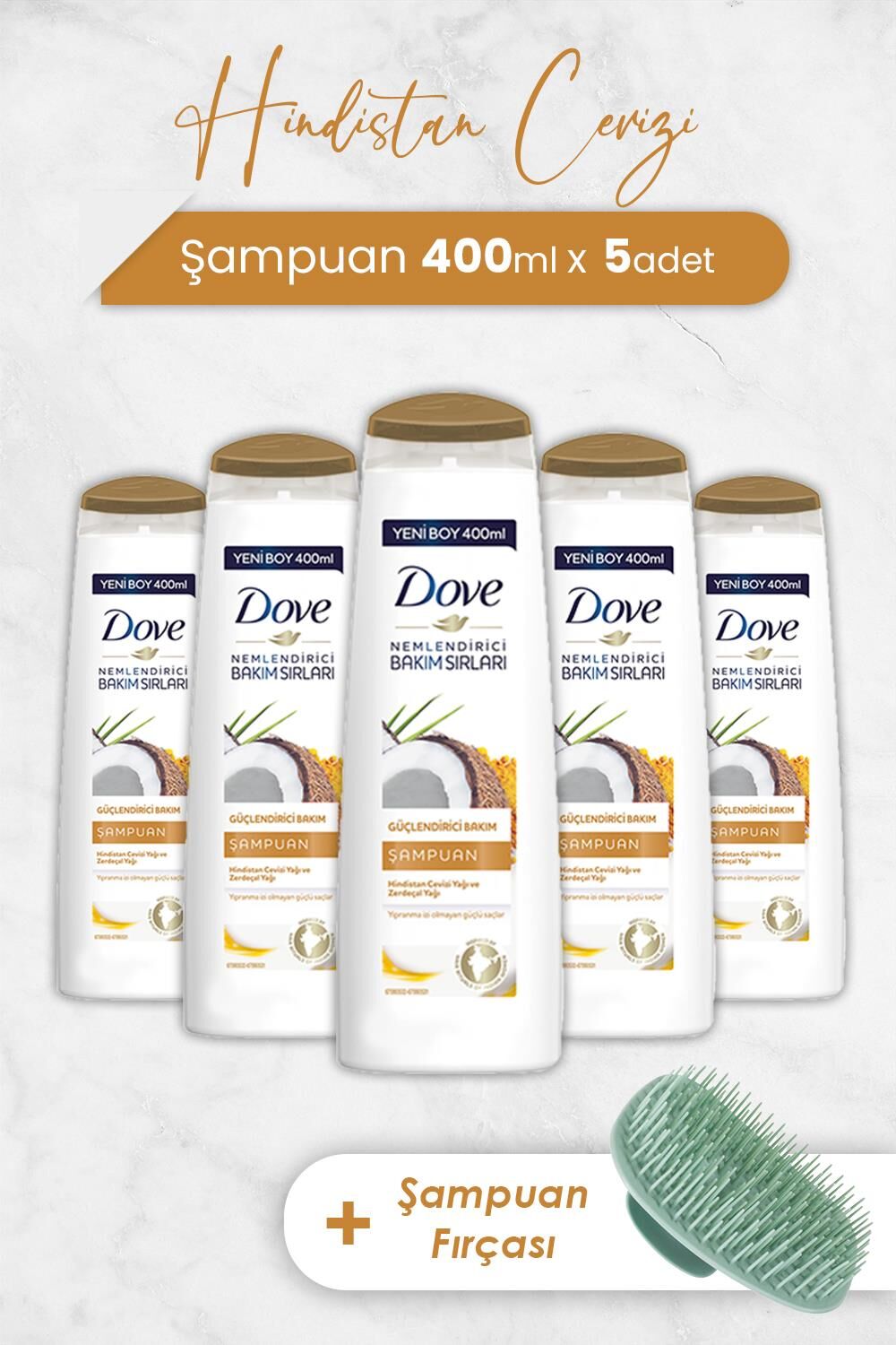 Dove Saç Bakım Şampuanı Hindistan Cevizi 400 ml x 5 Adet ve Şampuan Fırçası