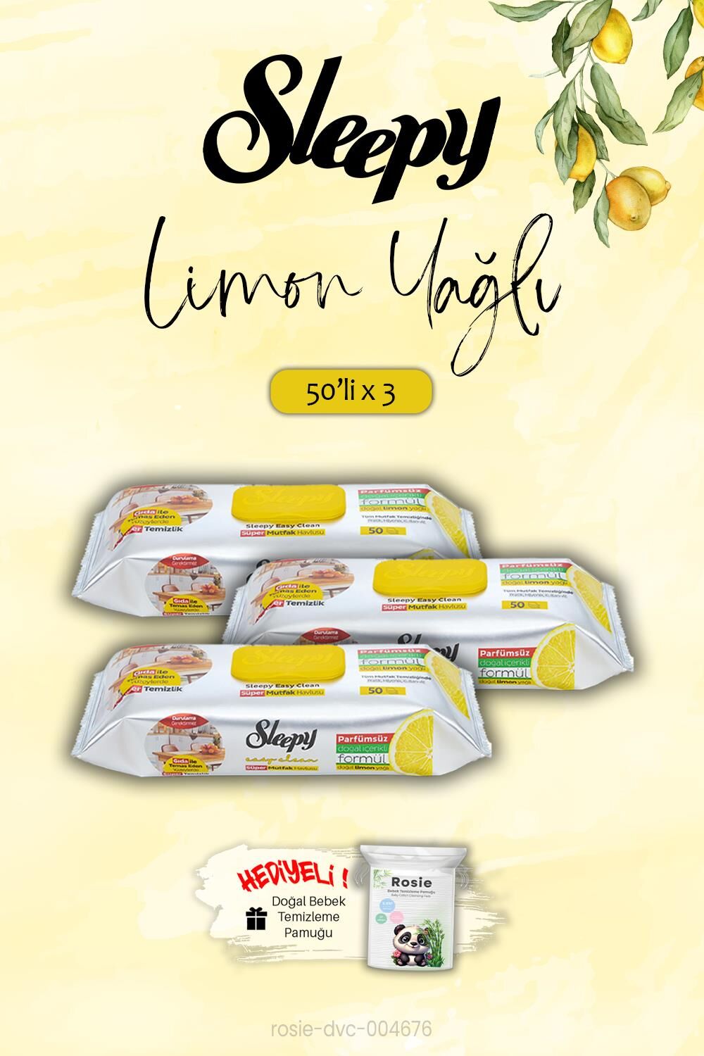 Sleepy Mutfak Havlusu Limon Yağlı 3'lü 50 Yaprak, ROSIE Hediye