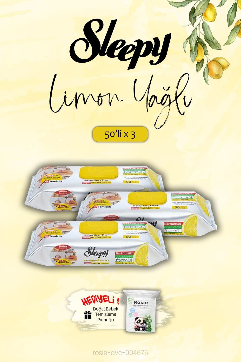 Sleepy Mutfak Havlusu Limon Yağlı 3'lü 50 Yaprak, ROSIE Hediye