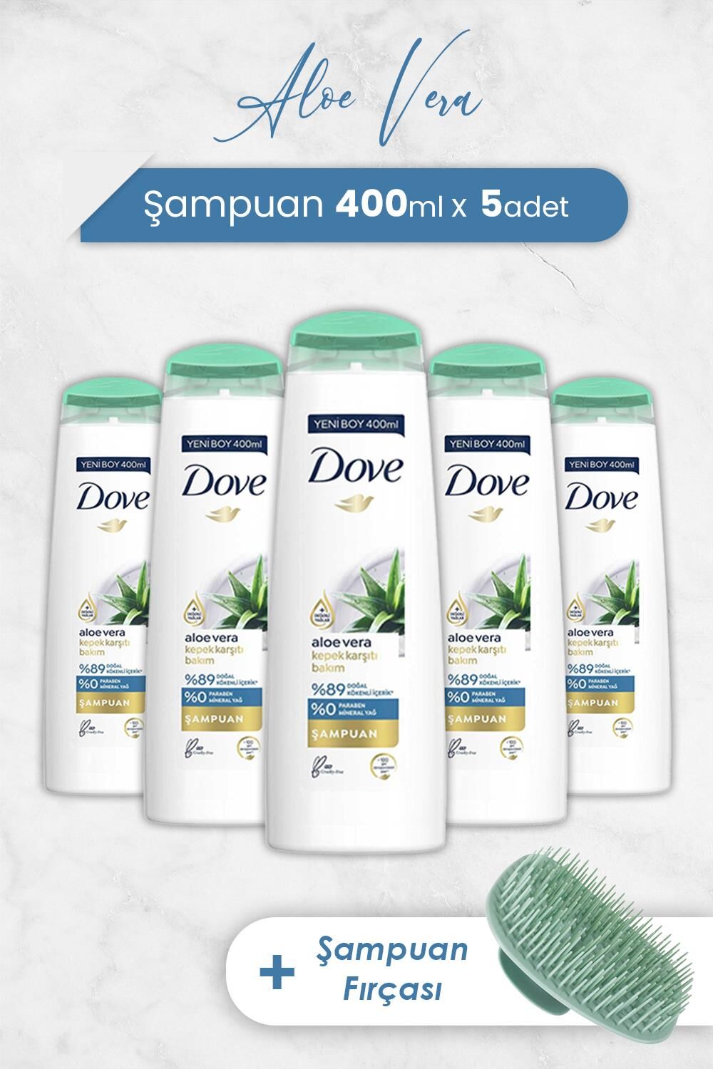 Dove Saç Bakım Şampuanı Aloe Vera 400 ml x 5 Adet ve Şampuan Fırçası