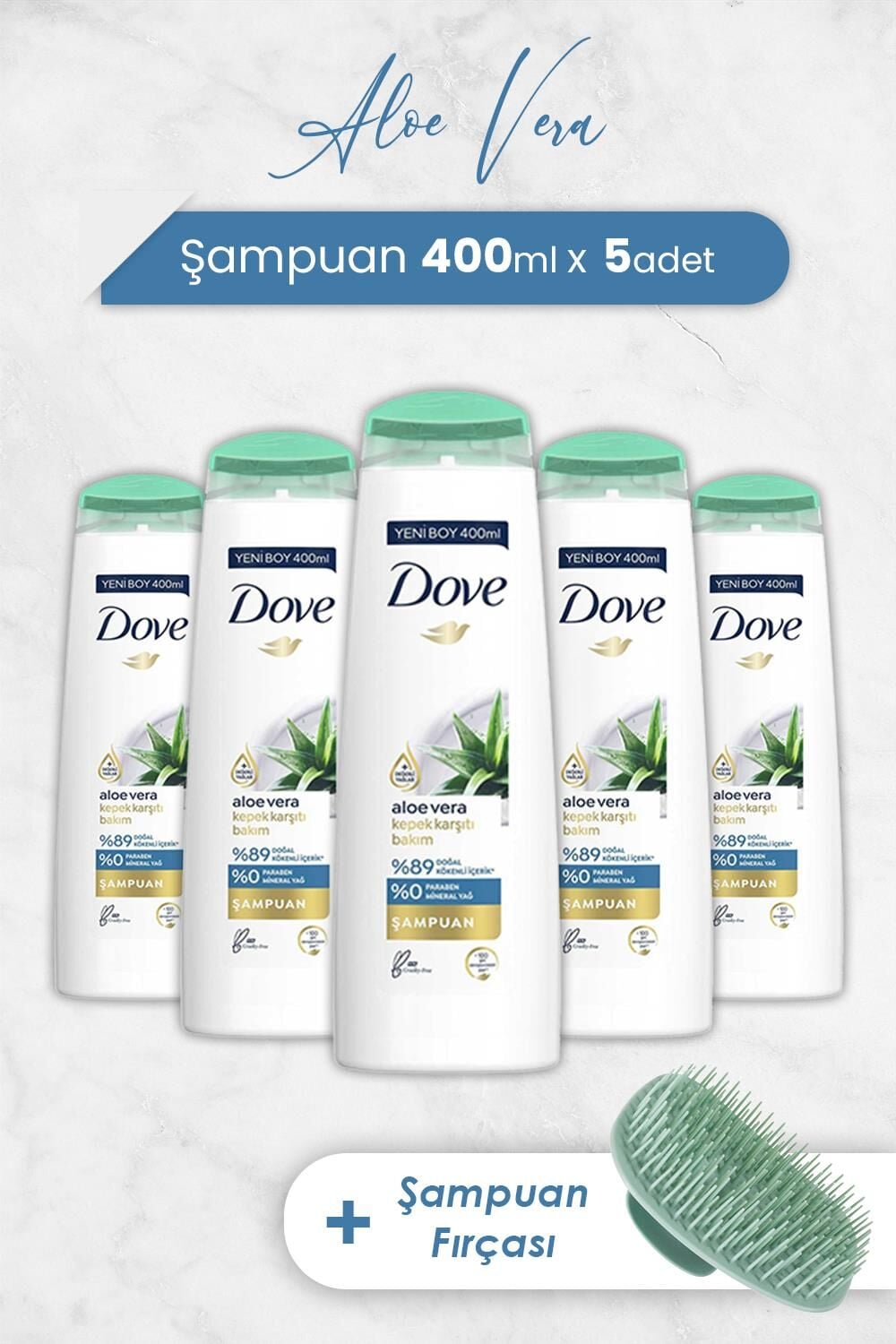 Dove Saç Bakım Şampuanı Aloe Vera 400 ml x 5 Adet ve Şampuan Fırçası