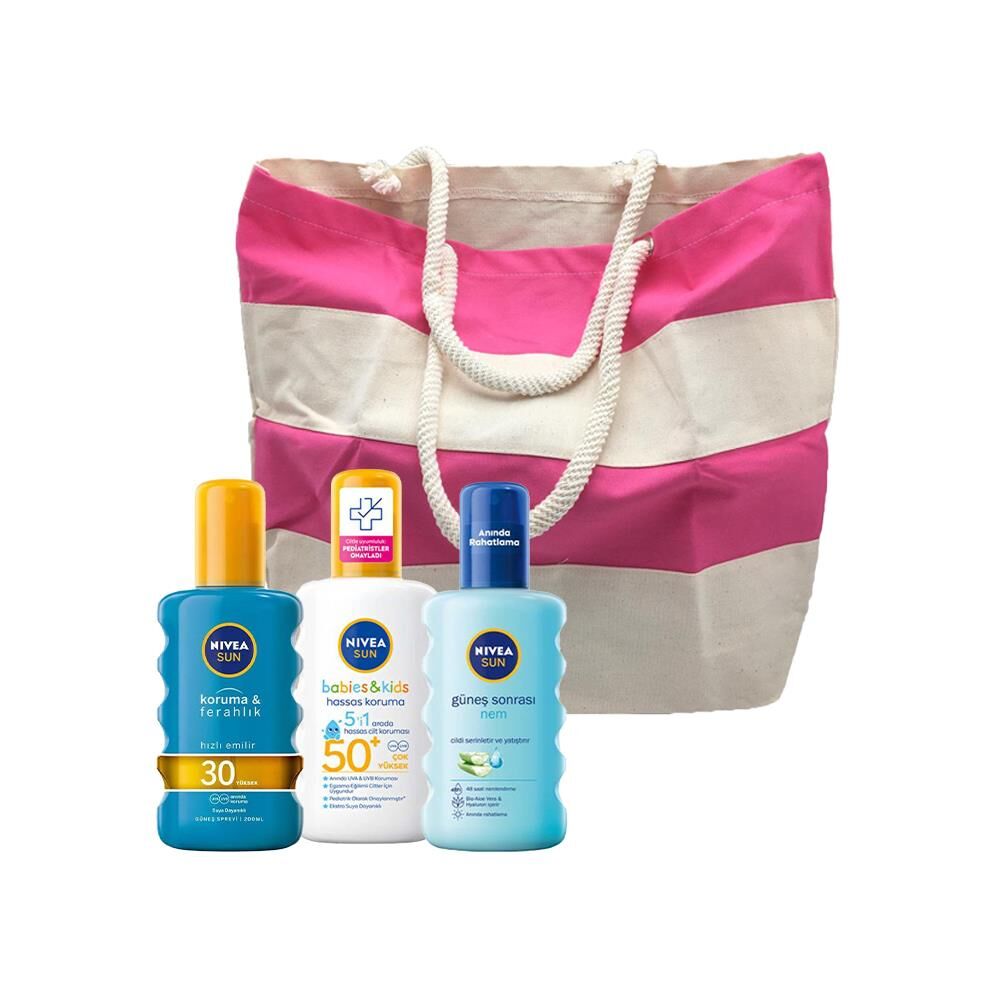 Nivea Koruma & Ferahlık Sun Güneş Spreyi, Çocuk Hassas Güneş Spreyi ve Güneş Sonrası Nemlendirici, Fa Plaj Çantası Hediyeli