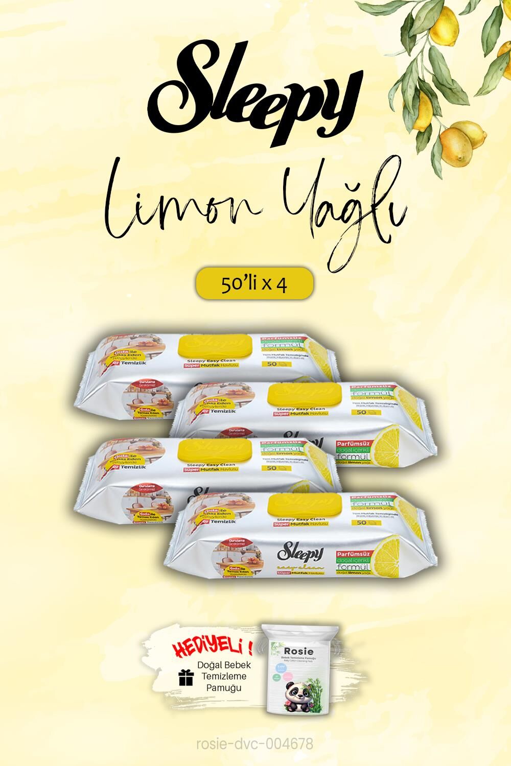 Sleepy 4 adet Mutfak Havlusu Limon Yağlı 50 Yaprak, ROSIE Hediye