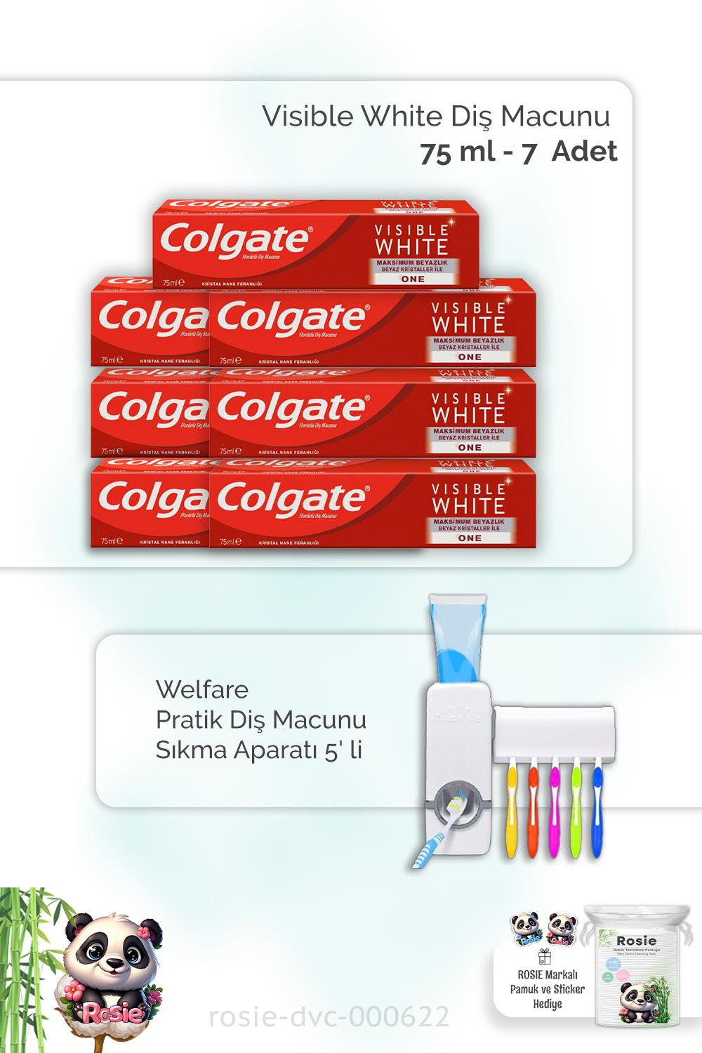 7 Adet Colgate Visible White Diş Macunu 75 ml, Diş Macunu Aparatı ve ROSIE