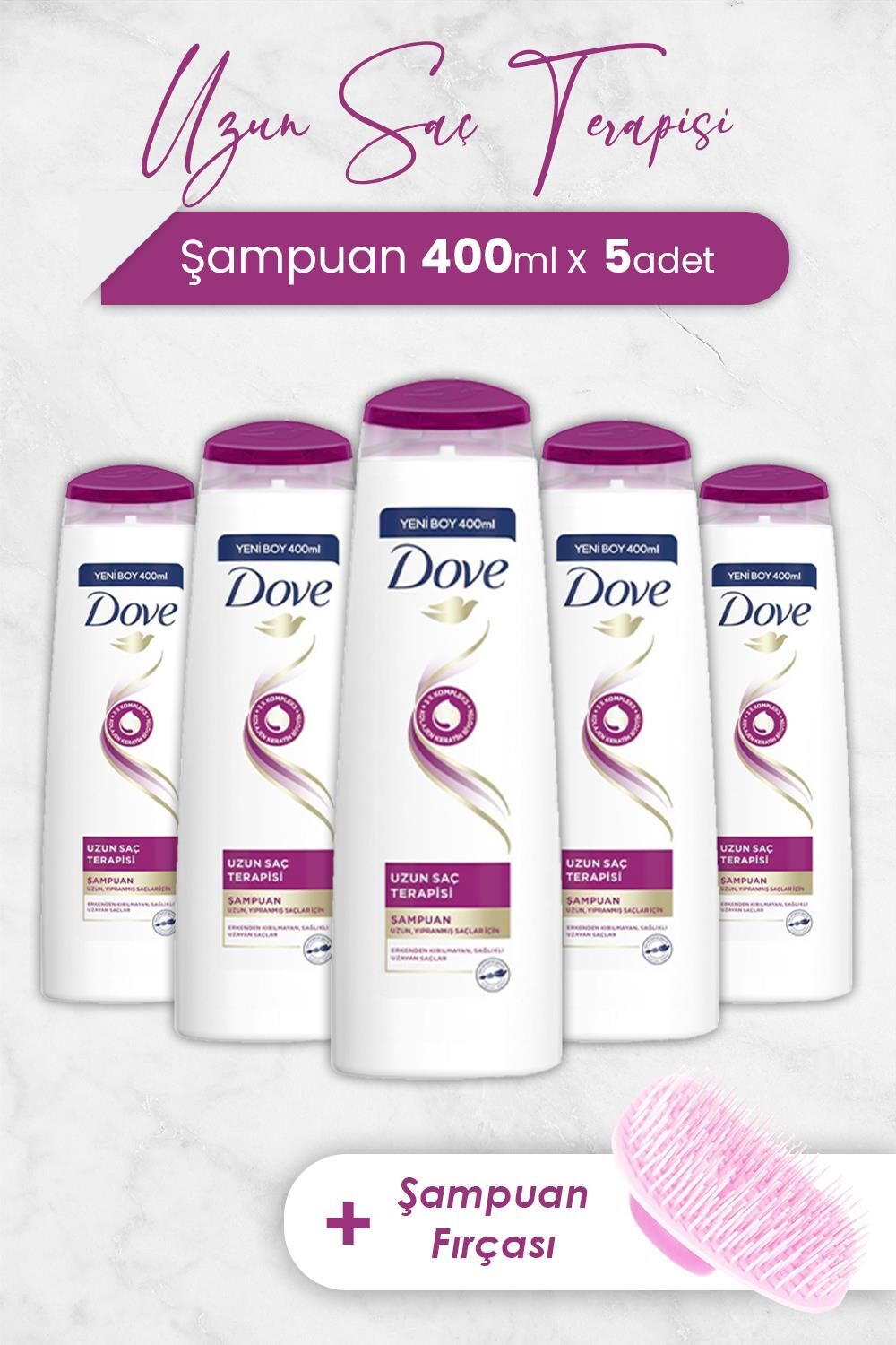 Dove Saç Bakım Şampuanı Uzun Saç Terapisi 400 ml x 5 Adet ve Şampuan Fırçası