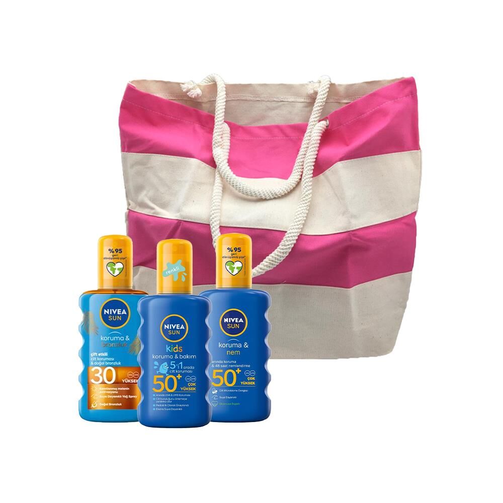 Nivea Sun Koruma&Nem Güneş Spreyi, Çocuk Nemlendirici Güneş Spreyi ve Koruma ve Bronzluk Güneş Yağı, Fa Plaj Çantası Hediyeli