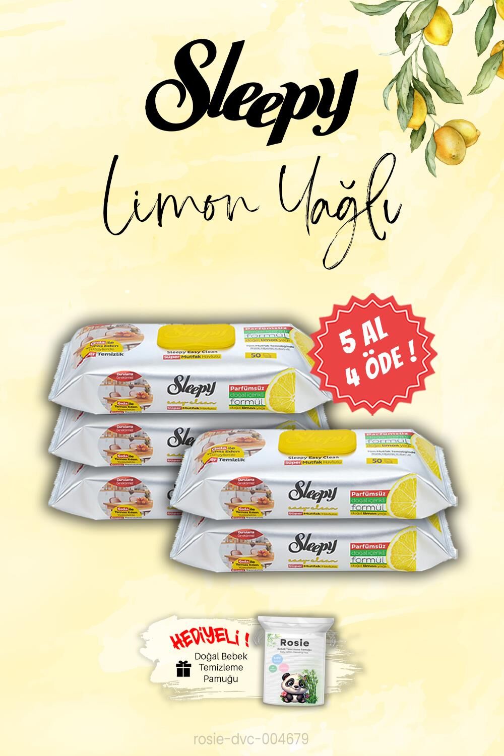Sleepy 5 AL 4 ÖDE Mutfak Havlusu Limon Yağlı 50 Yaprak, ROSIE Hediye